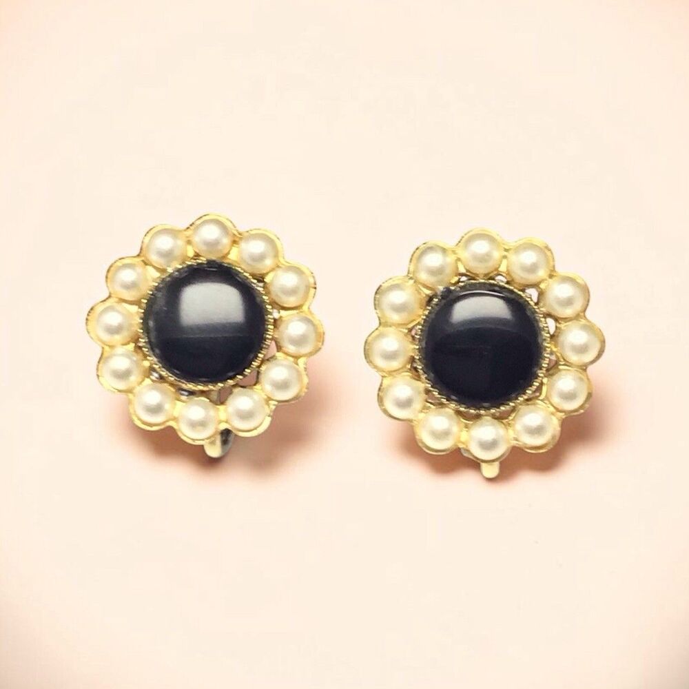 Vintage 1950s Faux Pearl Gold Tone Earrings, Screw Back